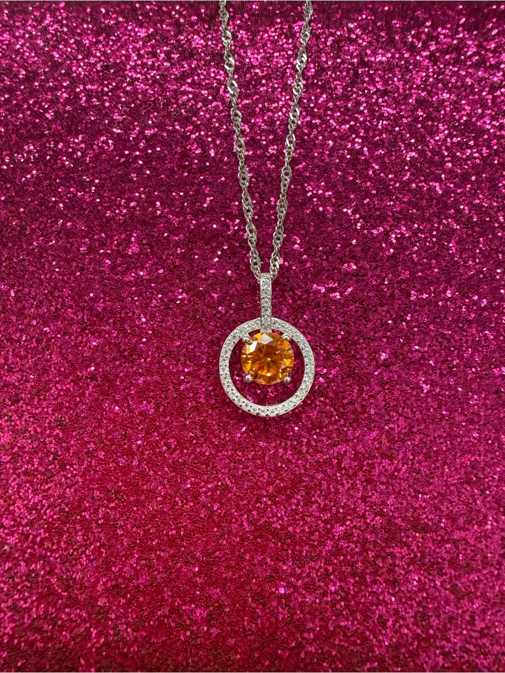 925 Silver Halo Necklace with Orange Moissanite Center